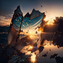 Shattered window glass reflects the beautiful sky and sea at sunset in a relaxing view - obrazy, fototapety, plakaty