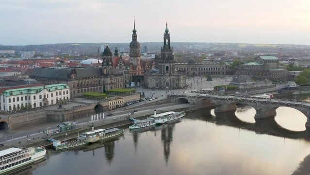 View of the city center of Dresden. Dresden, Germany. Large ships on the Elbe rive