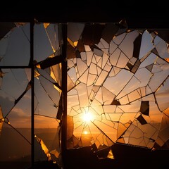 Shattered window glass reflects the sunset in an eye-catching scene