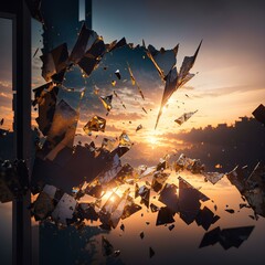 Shattered window glass reflects the beautiful sky and sea at sunset in a relaxing view
