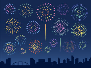 花火大会と夜の街のイラスト