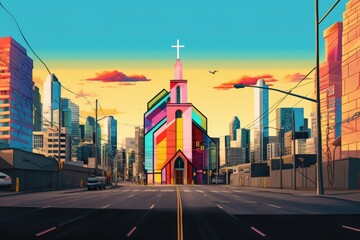 Fototapeta na wymiar Cityscape with a church on the street at sunset. 3d rendering