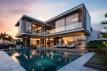 Fototapeta premium Exterior of modern house with swimming pool at sunset. Created with generative AI