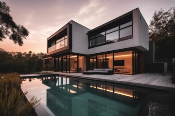 Fototapeta premium Exterior of modern house with swimming pool at sunset. Created with generative AI