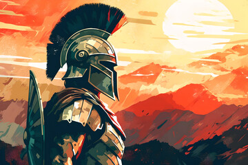 illustration of spartan king demigod in golden armor and helmet, holding spear and shield with grunge background. Spartan soldier illustration with helmet and battlefield in background - obrazy, fototapety, plakaty