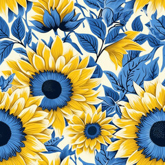Ukraine symbol blue and yellow sunflower floral seamless pattern, AI generated