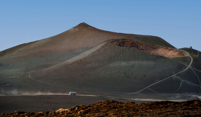 The otherwordly landscape of the Etna volcano with some smaller craters.