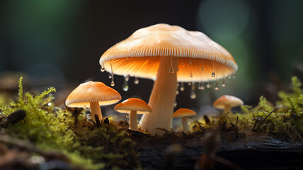 Fototapeta premium Macro photo of beautiful mushroom in rainy forest