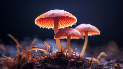 Macro photo of beautiful mushroom in rainy forest