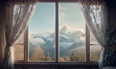  a window with a view of the mountains outside of it.  generative ai