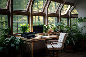 Fototapeta premium Serene Home Office Workspace with Natural Light, Modern Desk, Chair, and Plant by Window