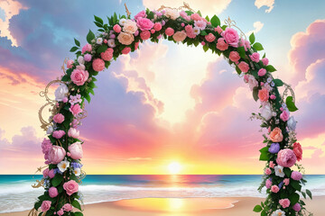 Obraz premium beach wedding venue, wedding setup, cabana, arch, gazebo decorated with flowers, beach wedding setup