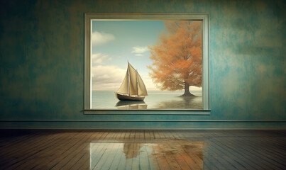  a painting of a sailboat in a room with a wooden floor.  generative ai