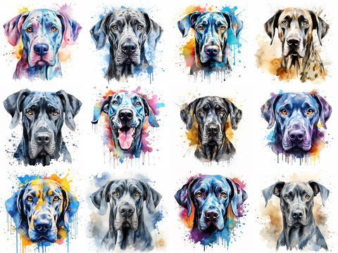 Set of dogs breed Great Dane painted in watercolor on a white background in a realistic manner. Ideal for teaching materials, books and designs, postcards, posters.