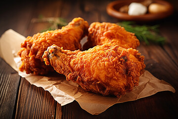 Crispy Southern Fried Chicken on Wooden Table - Created with Generative AI Tools