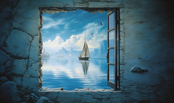  a window with a view of a sailboat on the water.  generative ai