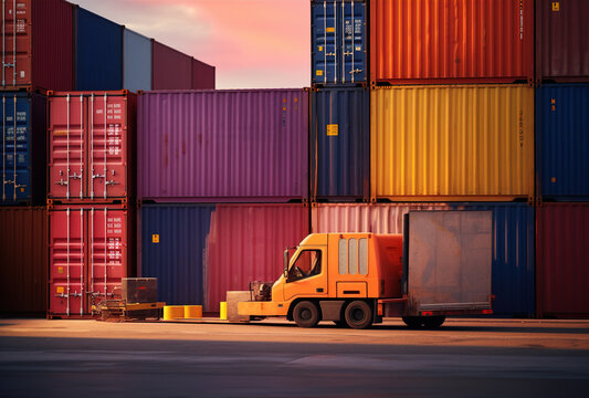 truck in the foreground loading shipping containers, in the style of light orange and dark navy, vibrant hues master, intertwining materials