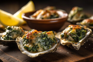 Exquisite Oysters Rockefeller on Wooden Table - Created with Generative AI Tools