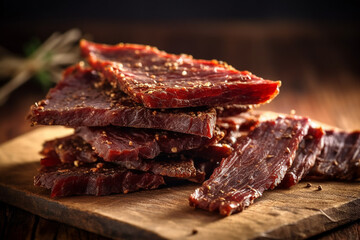 Savory Beef Jerky on Wooden Table - Created with Generative AI Tools