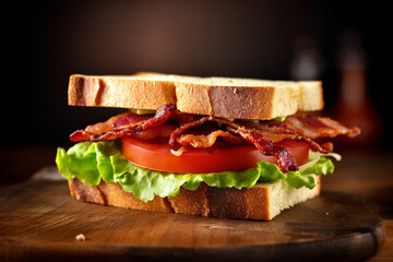 Tempting BLT Sandwich on Wooden Table - Created with Generative AI Tools