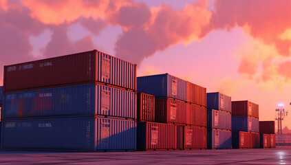 cargo containers are in storage on a dock at sunset