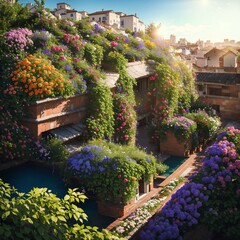A view from above of beautiful buildings decorated with flowers and plants in a beautiful scenery