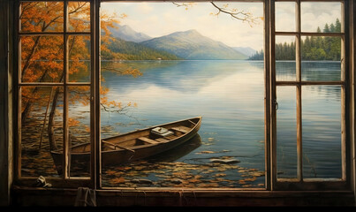  a painting of a boat sitting on a lake next to a window.  generative ai