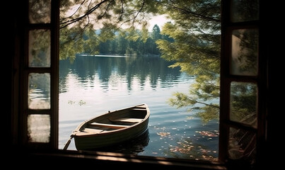  a boat is sitting in the water by a window with a view of a lake.  generative ai