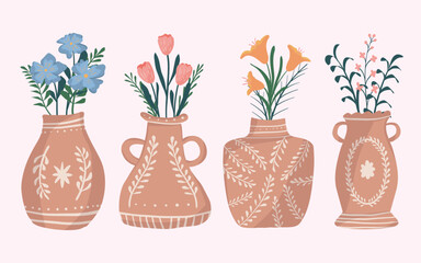 colorful flowers in vases flat design illustration set