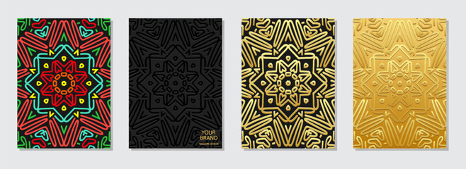 Cover set, vertical templates. Elegant collection of embossed geometric backgrounds with ethnic 3D pattern, golden texture. Tribal traditions, boho style of East, Asia, India, Mexico, Aztec, Peru.
