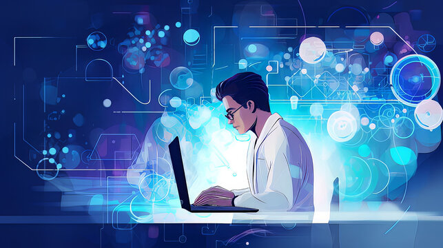 The person working on a computer with a background that includes abstract graphics of technology, in the style of medical care, selective focus, shaped canvas, commission for, uhd image, light silver.