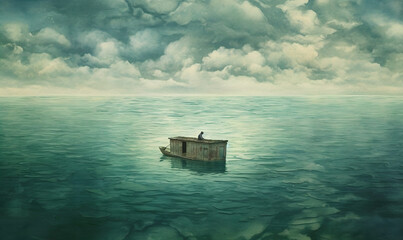 Fototapeta na wymiar a painting of a man sitting on a boat in the middle of the ocean. generative ai