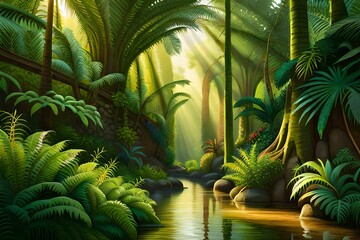 tropical jungle with trees and water