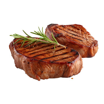 Grill Pork Chops steaks, realistic 3d brisket flying in the air, grilled meat collection, ultra realistic, icon, detailed, angle view food photo, steak composition