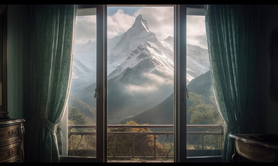  a window with a view of a snowy mountain and trees.  generative ai
