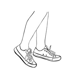 Fototapeta na wymiar Sketch female legs in sneakers. Hand drawn doodle vector illustration.