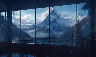  a window view of a mountain range with snow on it.  generative ai