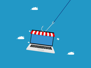Scam selling products online. Laptops for shopping online are on the hook. vector illustration