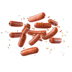 Grill sausages, realistic 3d sausage flying in the air, grilled meat collection, ultra realistic,...