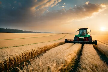 Fototapeta premium Illustration of a wheat field with a harvester. Harvesting. Generative AI