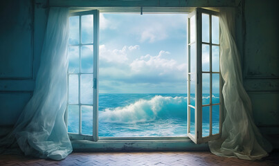  an open window with a view of the ocean and a wave.  generative ai