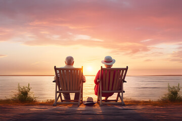 Fototapeta na wymiar Beautiful old couple beach watching a sunset in chairs by the ocean romantic moment. Generative AI. 