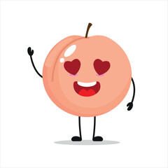 Cute happy peach character. Funny fall in love peach cartoon emoticon in flat style. Fruit emoji vector illustration