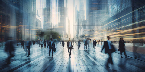 Fototapeta na wymiar Fast Paced and Blurred business people walking in the motion blur effect cityscape. Generative AI.