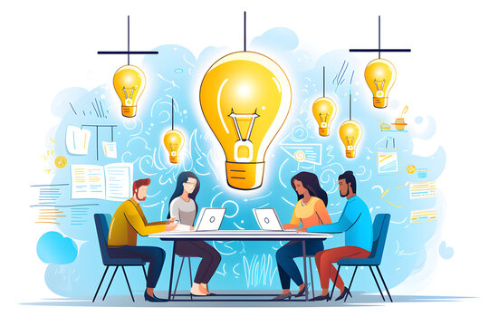 An illustration that depicts the process of brainstorming and ideation within a creative team. modern office setting, a team for a business project target, and a final discussion. Generative AI.