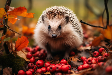 hedgehog stocks berries on an autumn background. ai generative