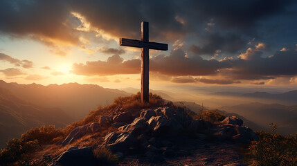 Silhouettes of crucifix symbol on top mountain with bright sunbeam on the colorful sky background.ai generative