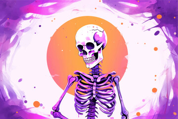 Obraz na płótnie Canvas Human skeleton on colorful watercolor background. Vector illustration for Halloween. Generated AI