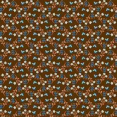 Summer botanical brown fabric pattern Simple small blue butterflies white flowers and berry sprigs