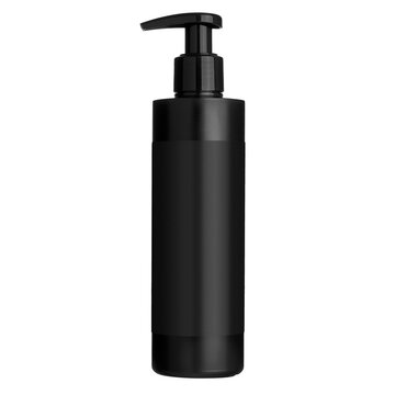 Beautiful black shimmery matte luxury cosmetic product packaging design. Black bottle with pump dispenser for gel, lotion shampoo or cream with empty label on transparent background. 